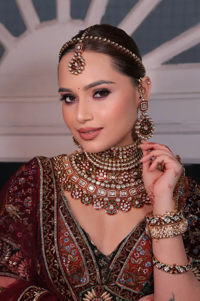 AIVY LUXE red accent indian bridal necklace and matching earrings with intricate traditional design