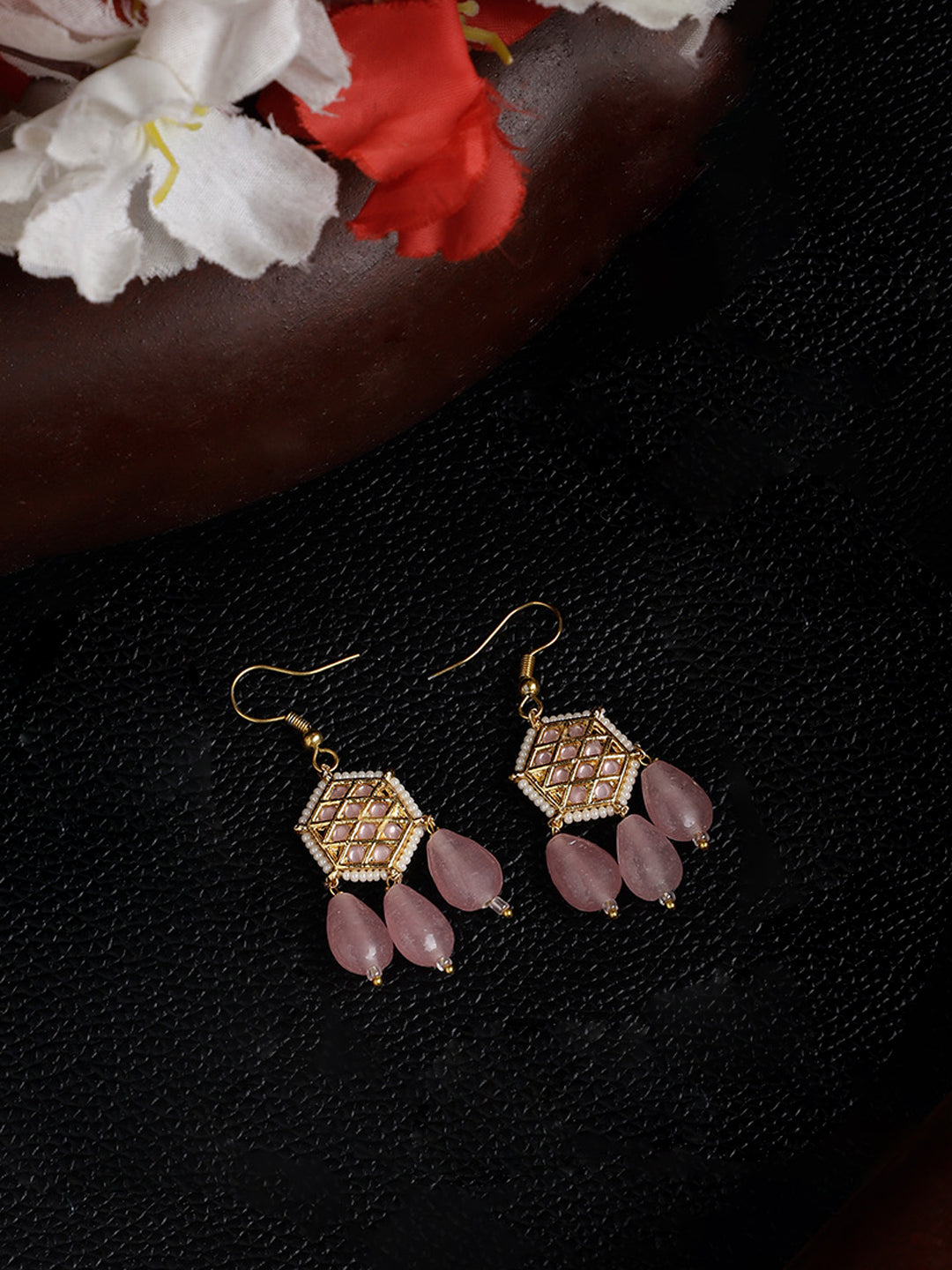 AIVY LUXE earrings with pink teardrop beads and gold hexagonal design, rosy charm fusion jewelry