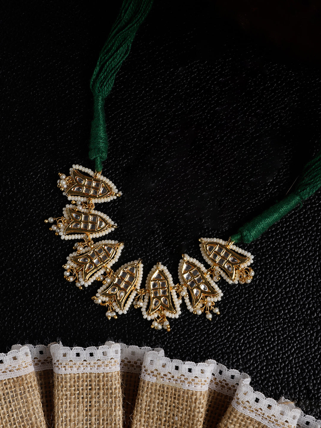 AIVY LUXE Sabz-e-Roshni statement jewelry necklace with gold and pearl intricate design on green thread