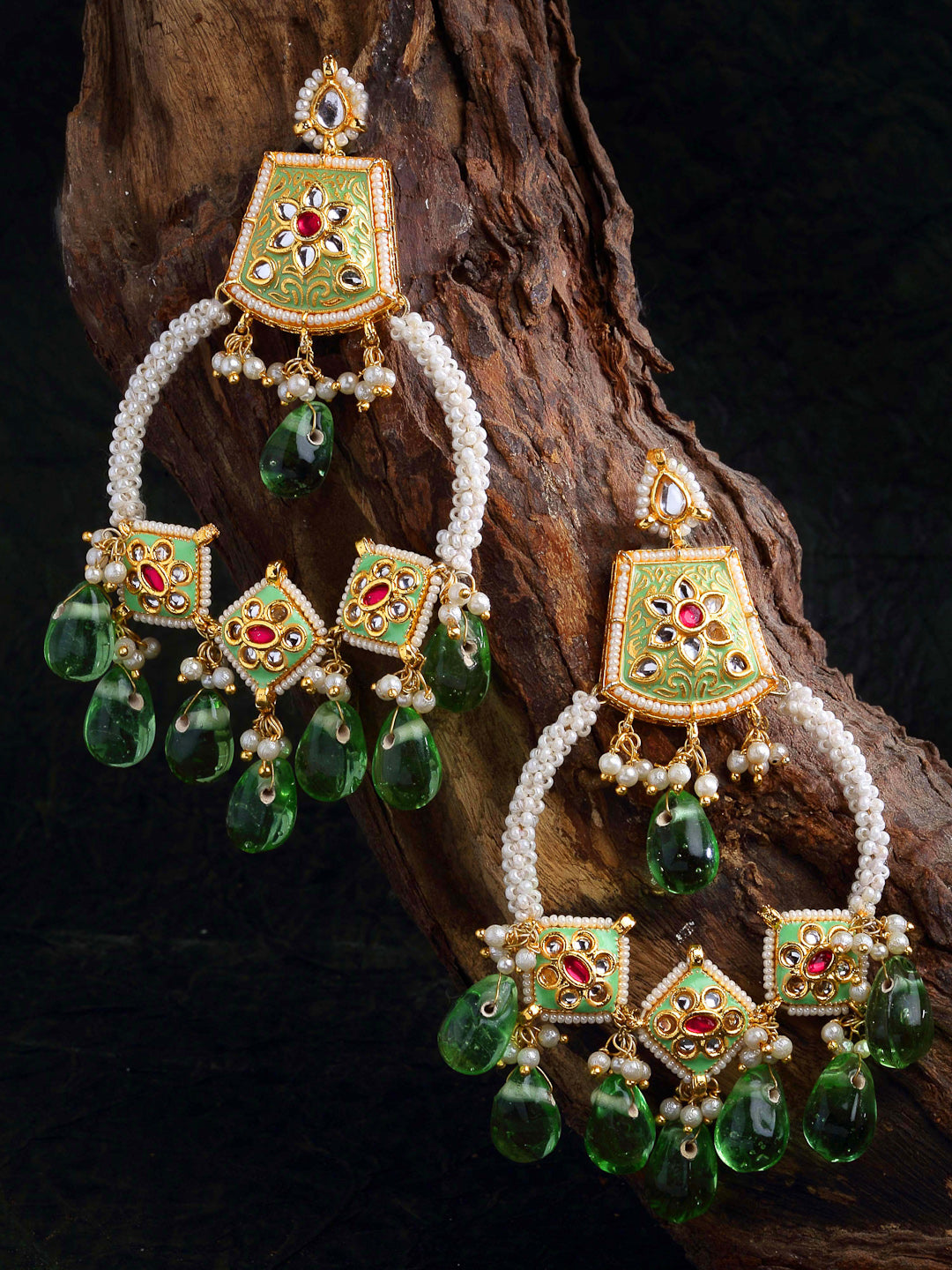 AIVY LUXE seafoam chand bali earrings with green teardrop beads and intricate gold floral design