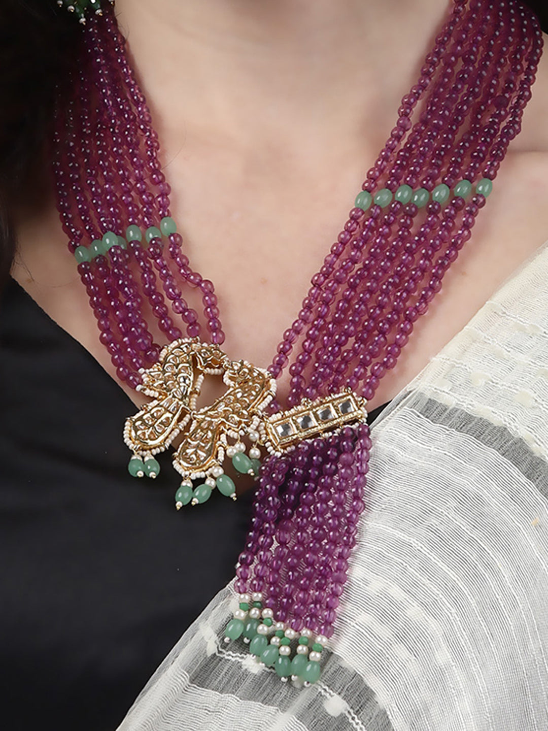 AIVY LUXE Shab-e-Jamuni Haar online featuring multi-strand purple beaded necklace with gold decorative clasp