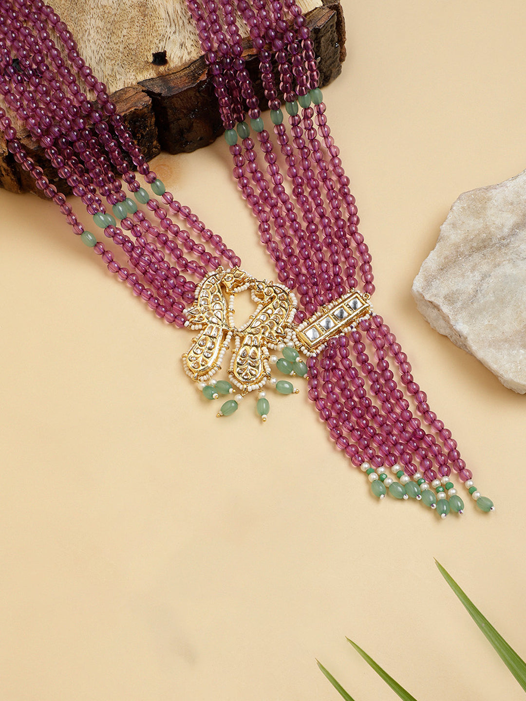 AIVY LUXE Shab-e-Jamuni Haar online multi-strand purple beaded necklace with gold and green pendant