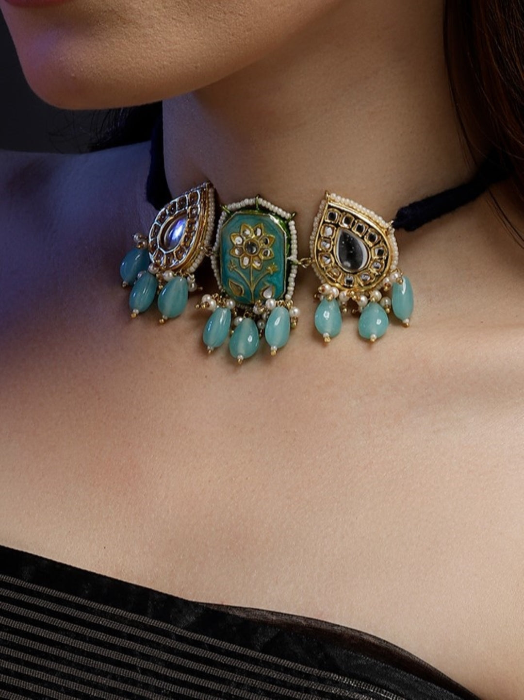AIVY LUXE turquoise ethnic jewelry for women necklace with intricate gold and turquoise bead design