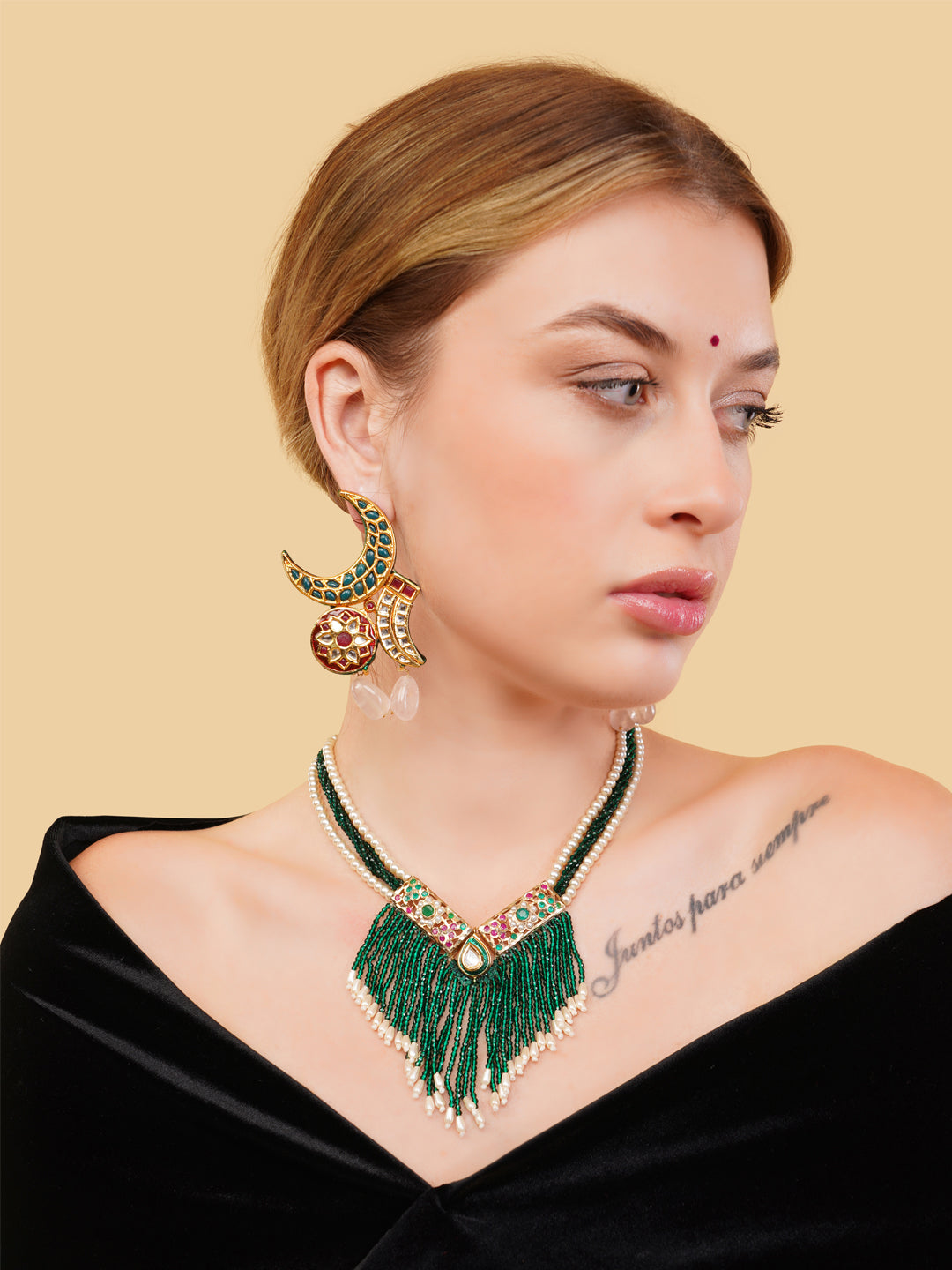 AIVY LUXE emerald pearl stone Indian drop earrings worn by a model  matching green and pearl necklace