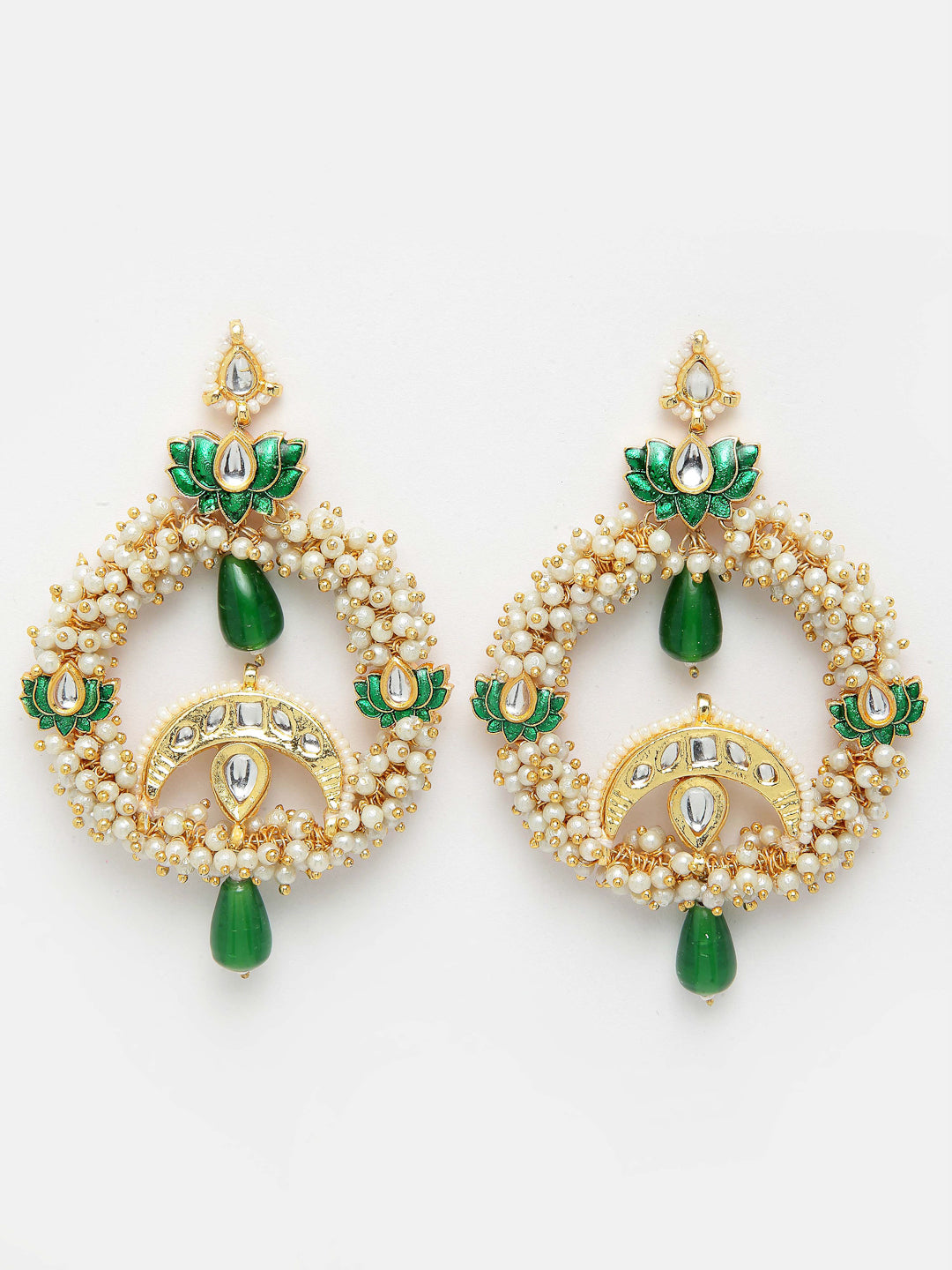 AIVY LUXE luxury ethnic earrings online with green stones and pearl accents in a circular gold design