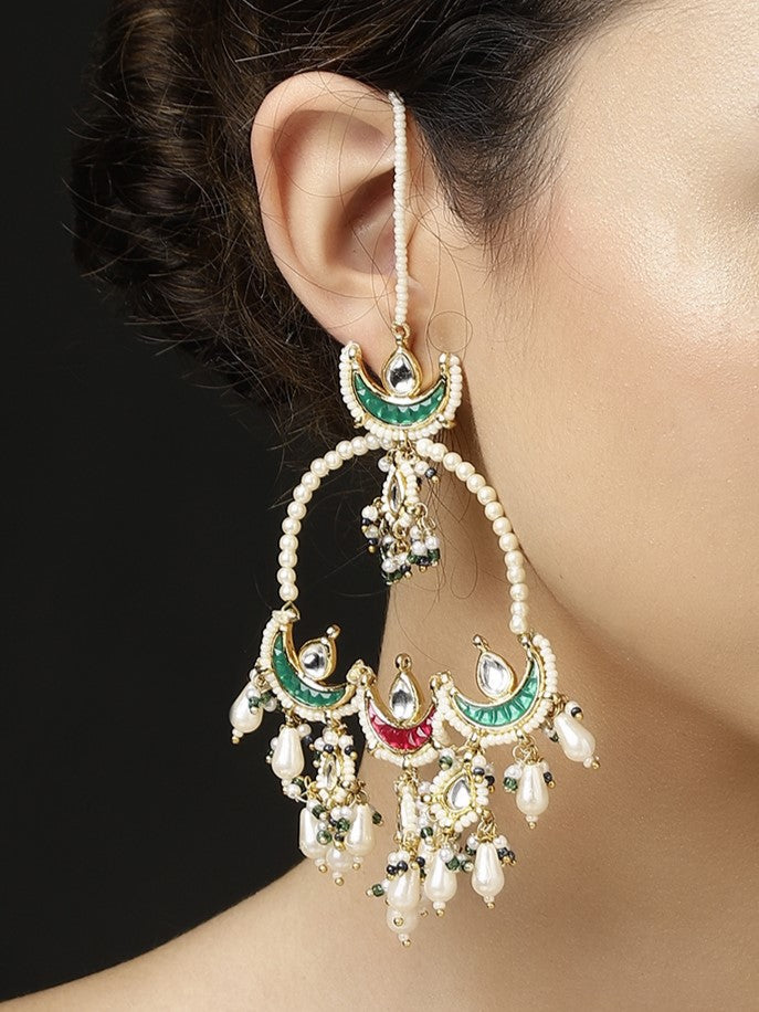 AIVY LUXE Shafaq-e-Laal drop earrings featuring intricate pearls and green red accents on a model