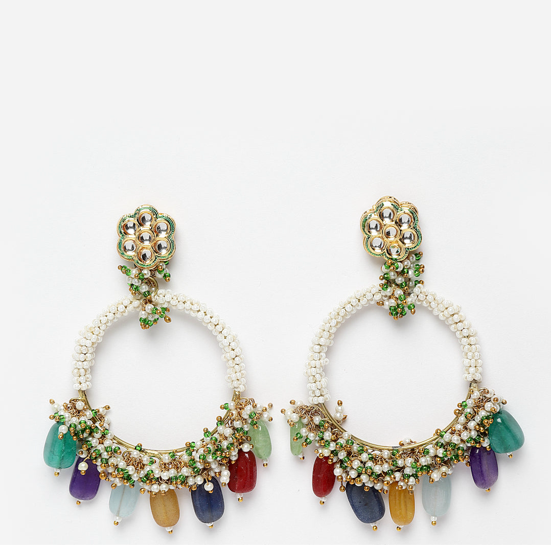 AIVY LUXE teal chand bala earrings with colorful beads and intricate pearl detailing