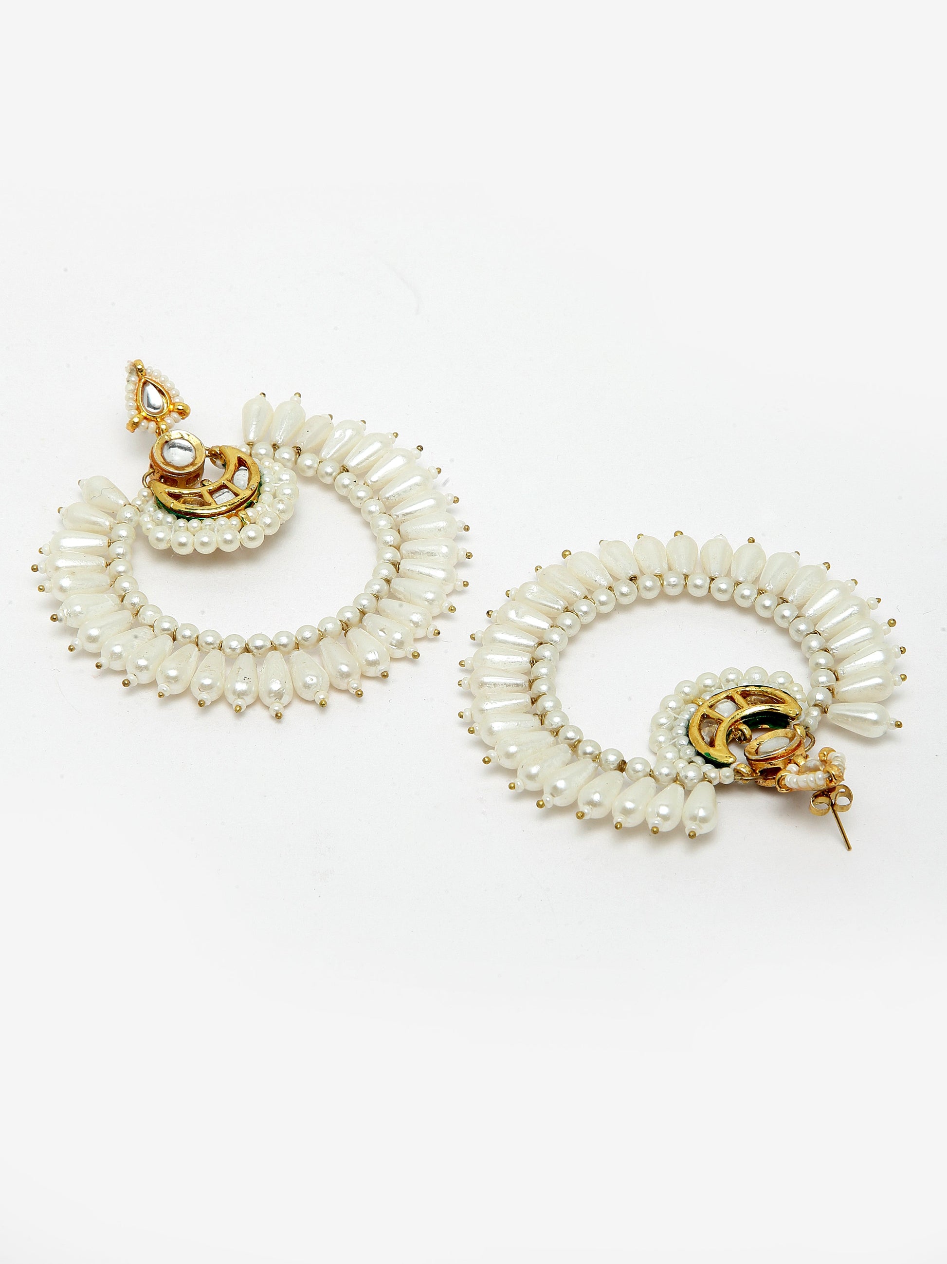 AIVY LUXE Zard Gulab Chand Bala earrings featuring white pearl embellishments and intricate gold detailing
