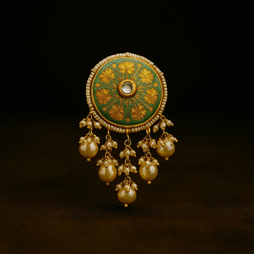 Elegant fusion earrings for women featuring green and gold detailing with pearl dangles on dark background