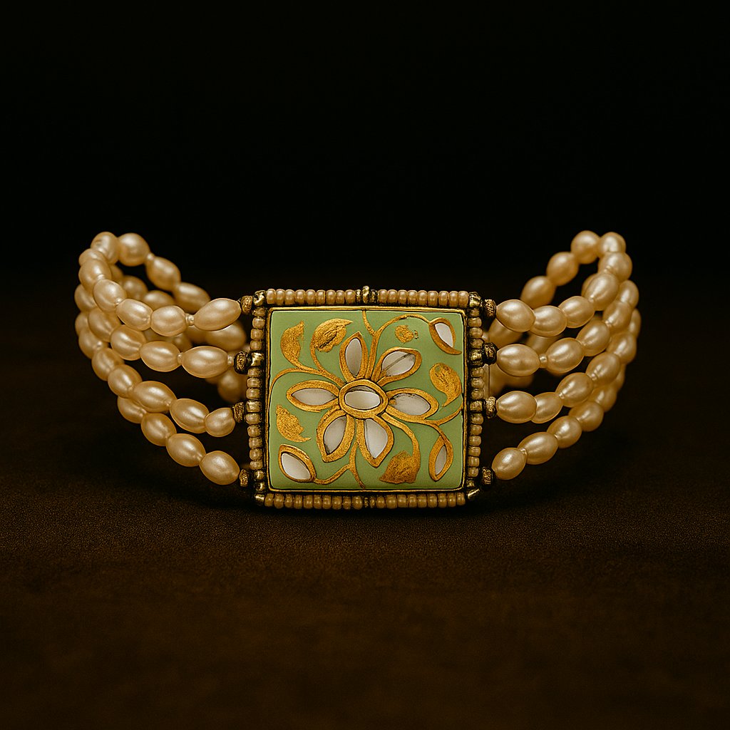 Elegant fusion bracelet for women featuring pearl strands and an ornate floral centerpiece with gold accents