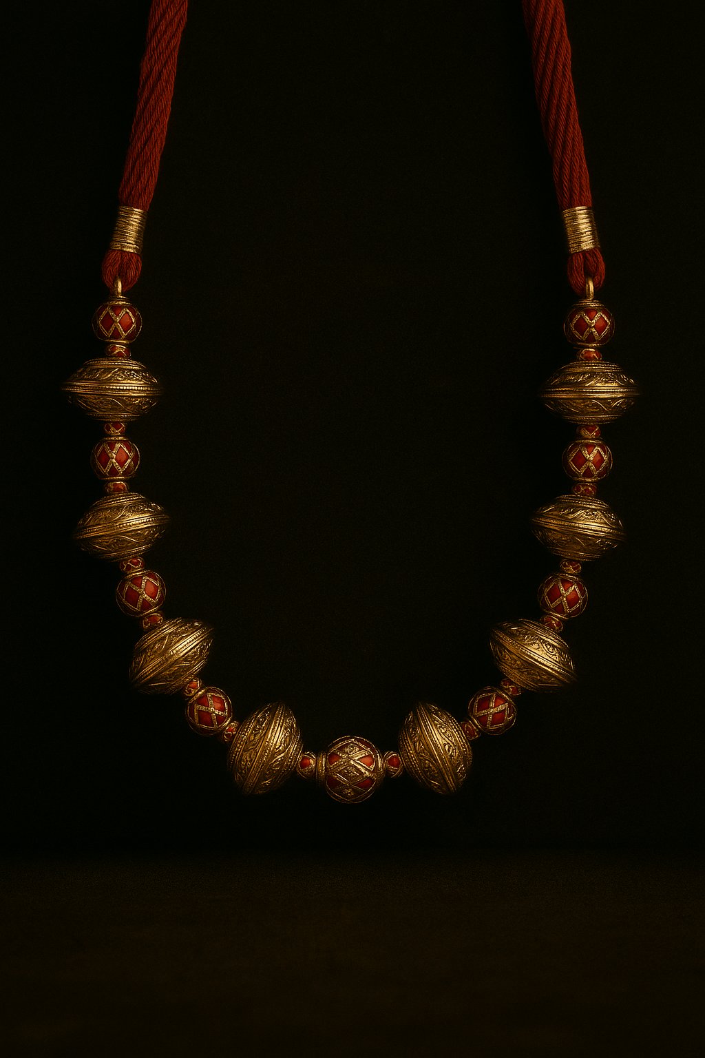 Handcrafted statement necklace with intricate gold and red beads on a dark background