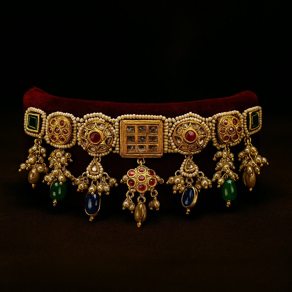 Elegant fusion choker necklace with intricate gold detailing and colorful gemstone accents on a dark background