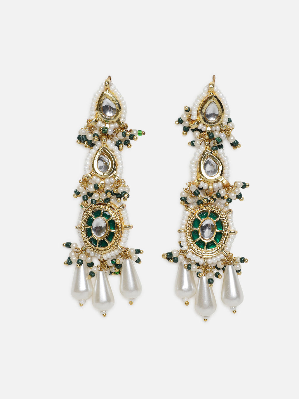AIVY LUXE handcrafted drop earrings with green and clear stones and pearl dangles