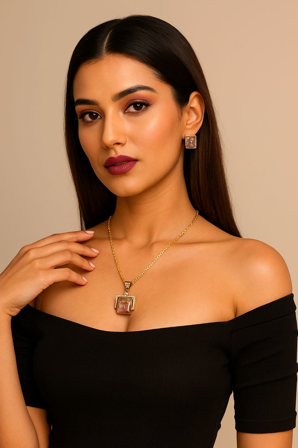 Aivy Luxe Regal Firestone Pendant & Earring Set
