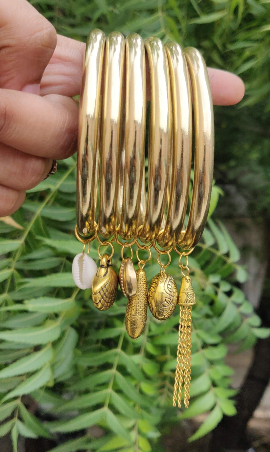 Golden Charm Bangles Set – Boho Chic with Shell & Tassel Accents (Set of 6)