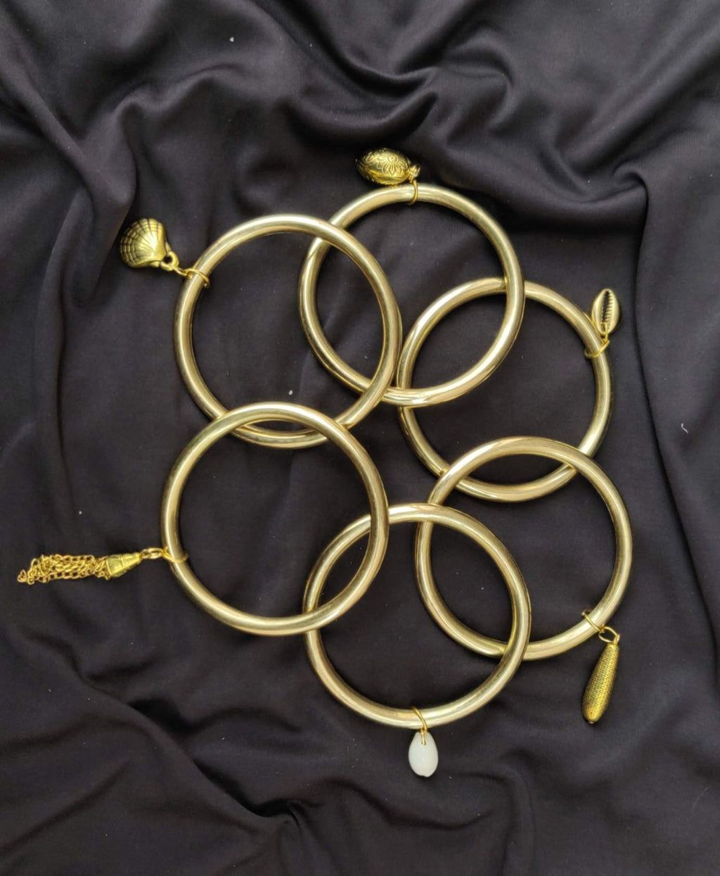 Golden Charm Bangles Set – Boho Chic with Shell & Tassel Accents (Set of 6)