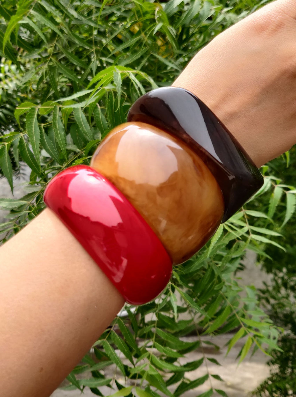Bold & Glossy Resin Bangles – Striking Red, Amber & Black (Set of 3)