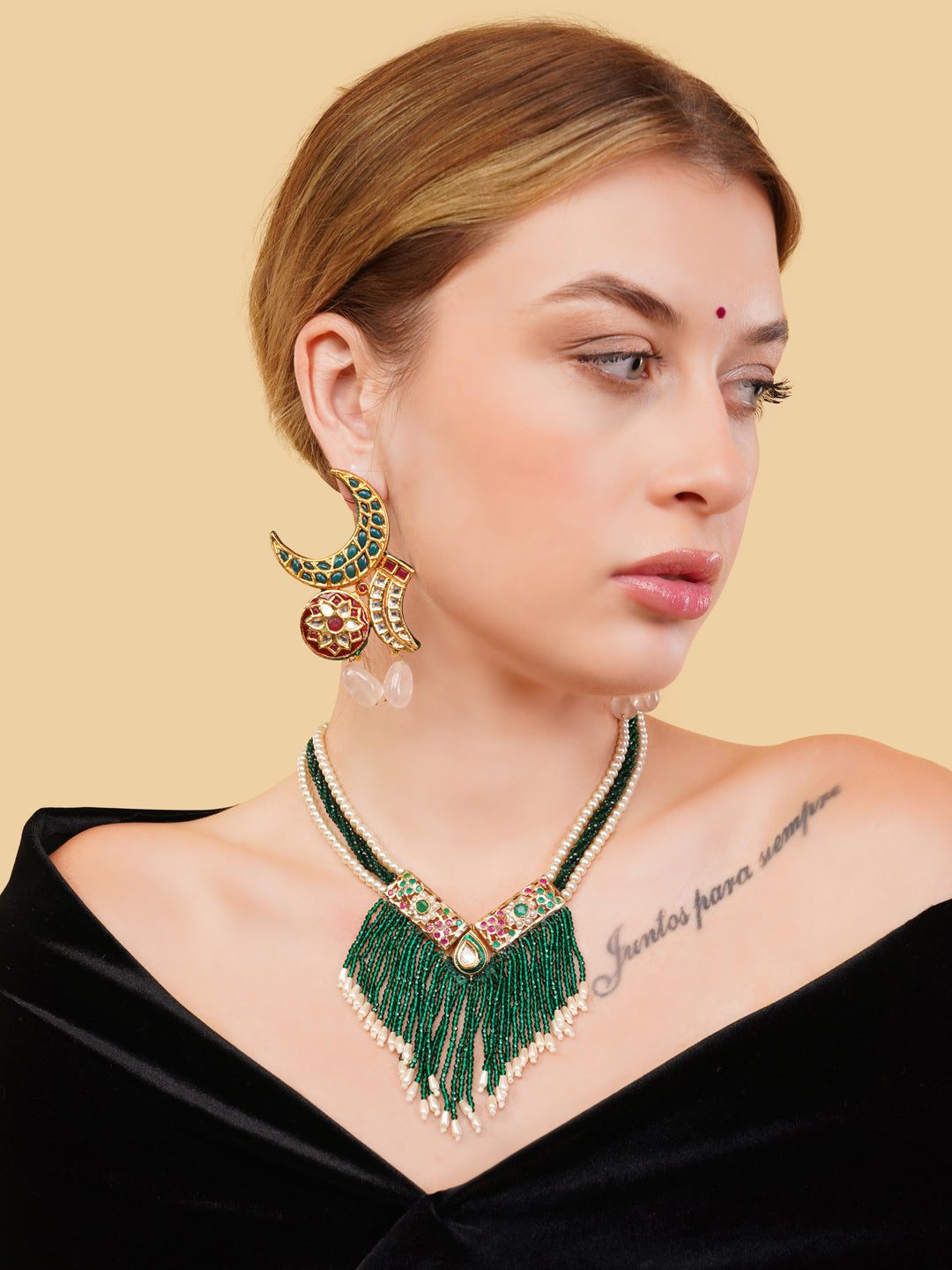 AIVY LUXE Green Beaded Fringe Necklace Handcrafted