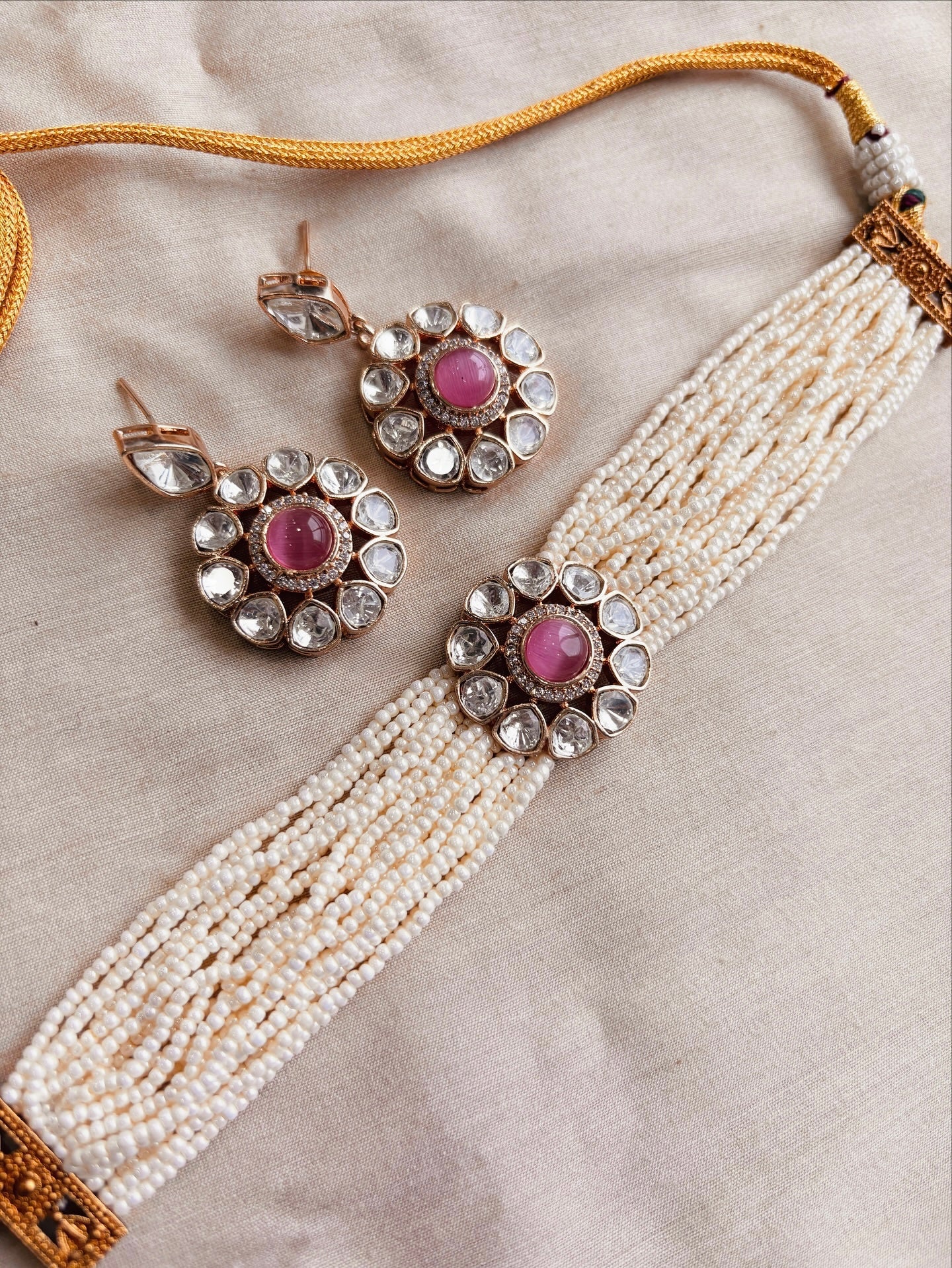 Pearl Elegance Choker Set with Colored Stone Accents