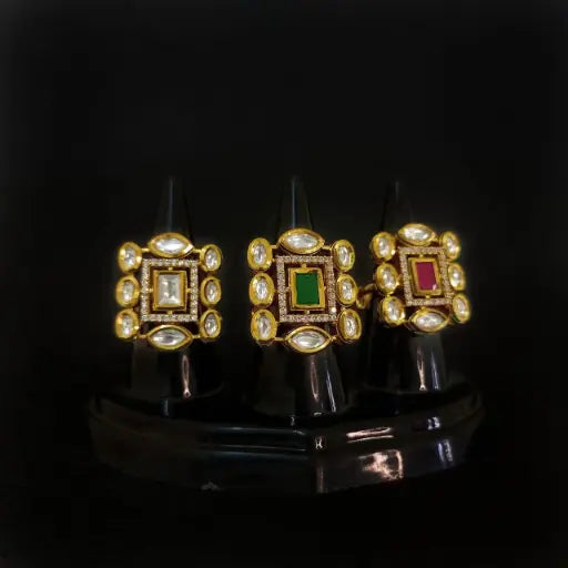 Vintage-style square kundan rings with multicolor gemstone centers
