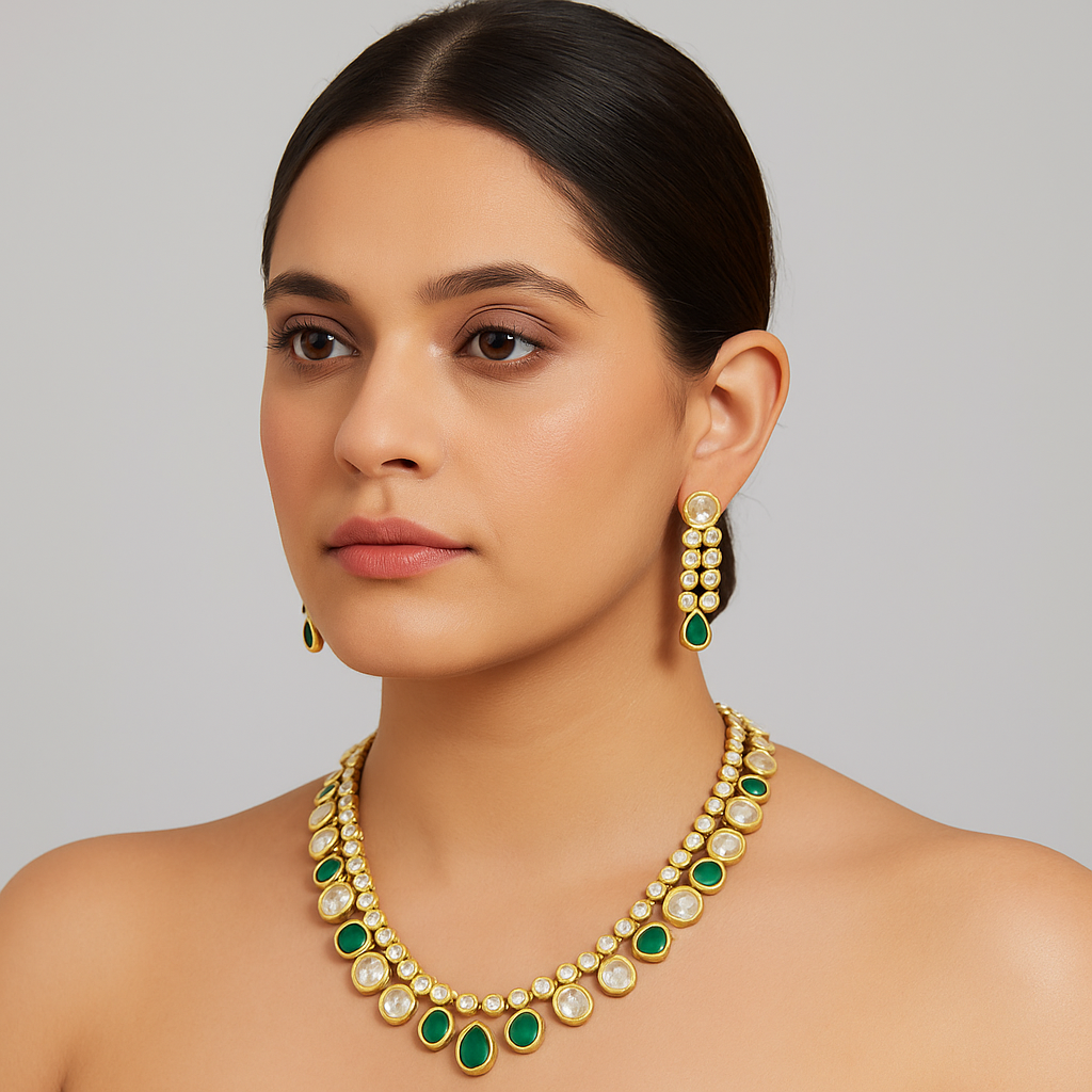 AIVY LUXE Green Royal Emerald Kundan Necklace Set