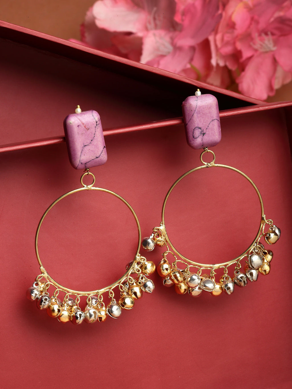 AIVY LUXE amaranth chand bala earrings with purple rectangular studs and gold hoop bells