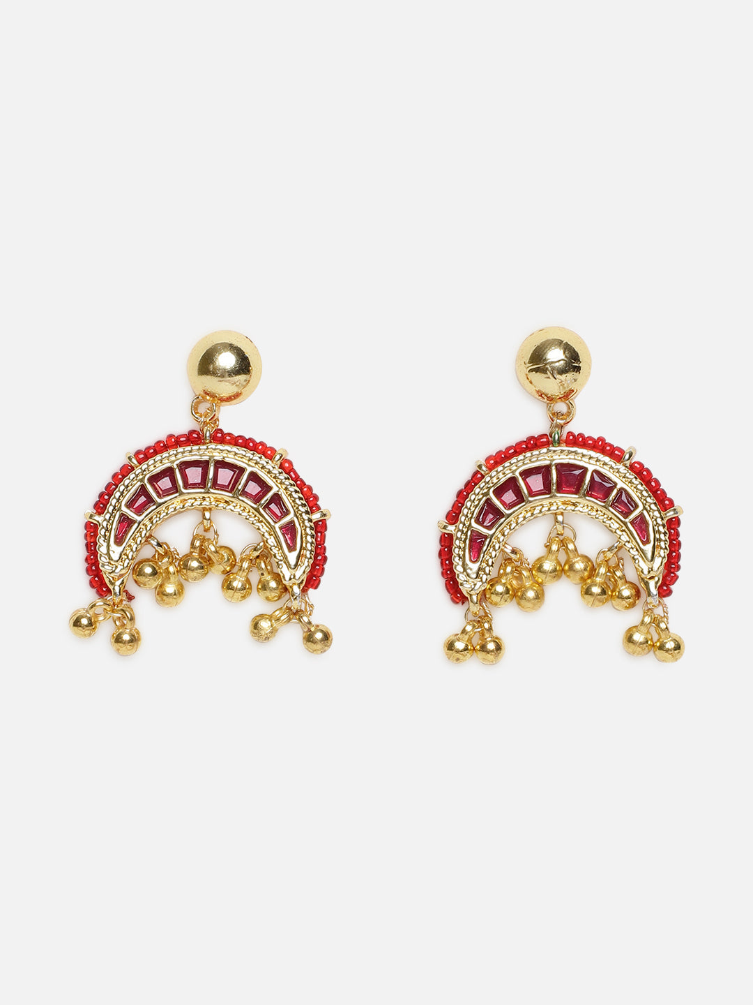 AIVY LUXE red and gold statement earrings with intricate beadwork and dangling gold elements