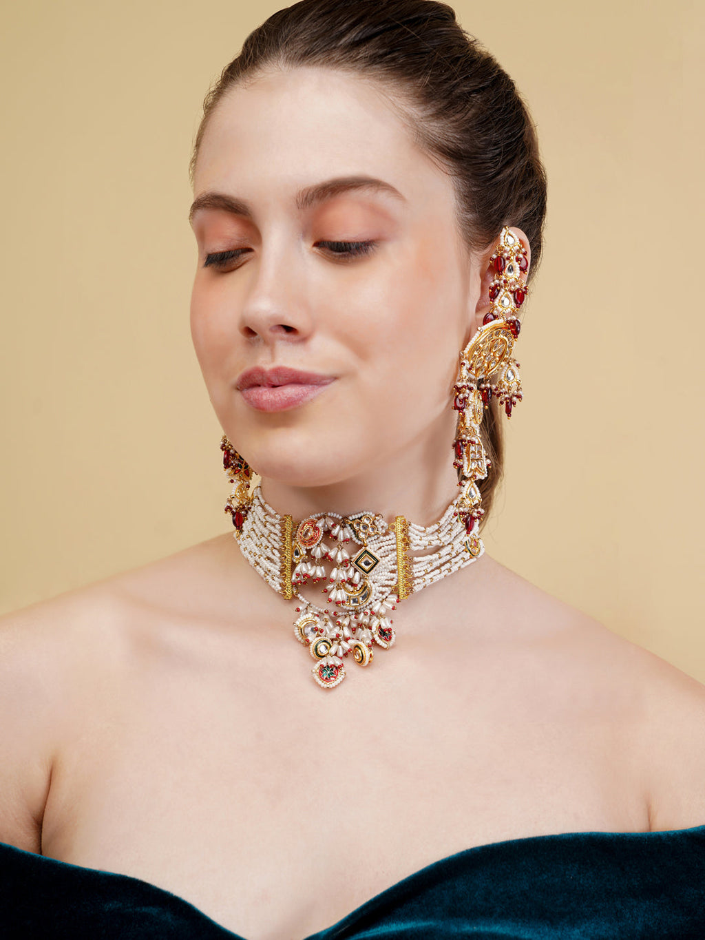 AIVY LUXE bridal kundan choker set with intricate white and red stones worn by a woman