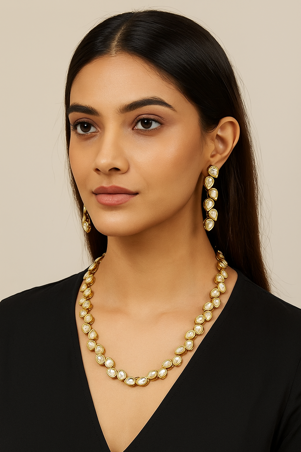 AIVY LUXE bridal kundan necklace with earrings featuring elegant gold and white stone design