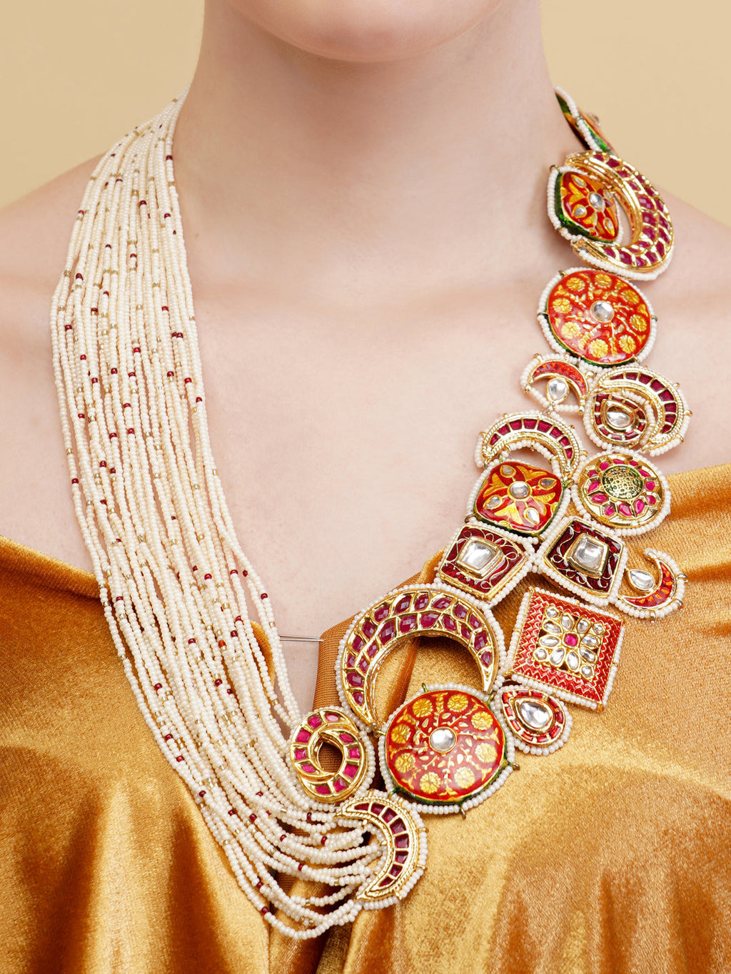 AIVY LUXE bridal zarqaani haar necklace with intricate red and gold design and multiple pearl strands