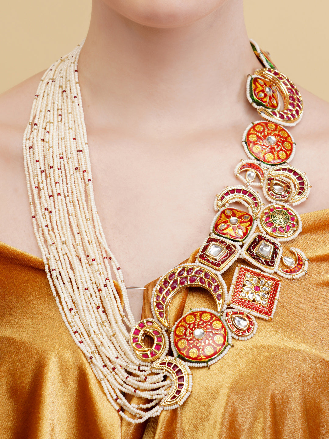 AIVY LUXE bridal zarqaani haar necklace with intricate red and gold embellishments and white bead strands