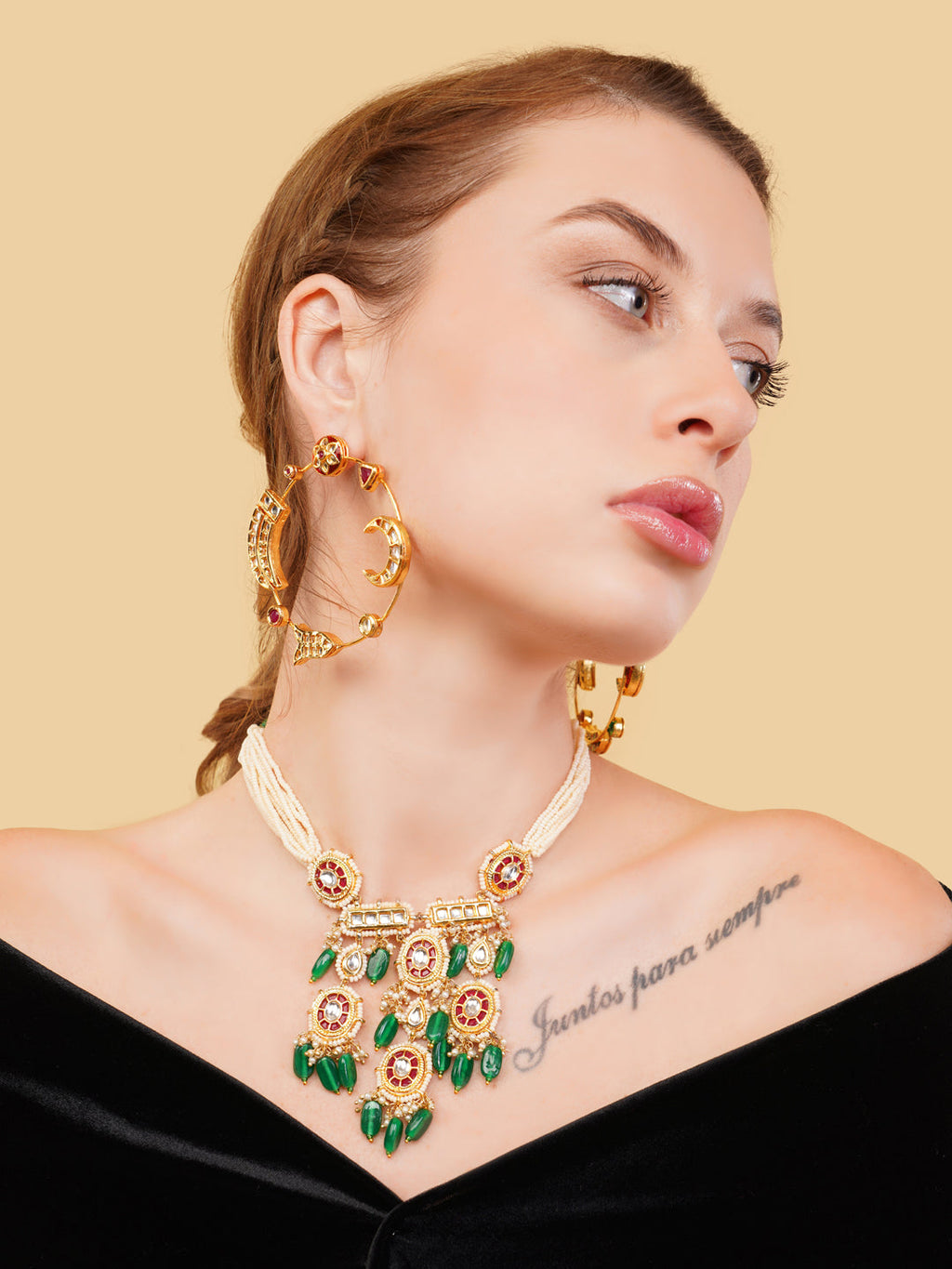 AIVY LUXE Chand Bala multicolour earrings worn by a model with a matching necklace and black off-shoulder top