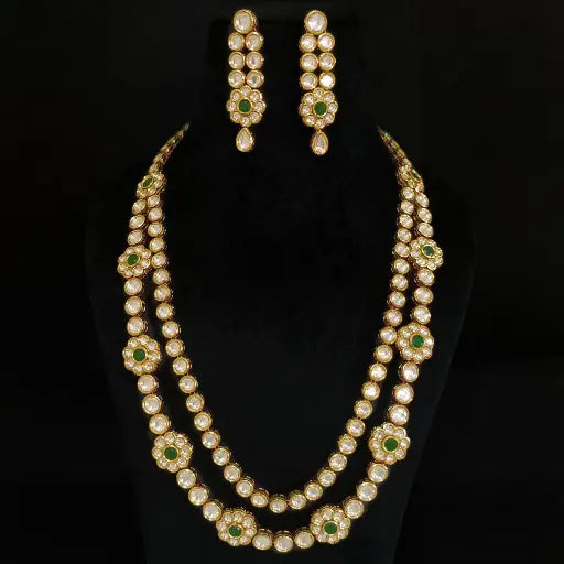 AIVY LUXE classic kundan jewelry set featuring double-layered necklace and matching earrings with green and white stones