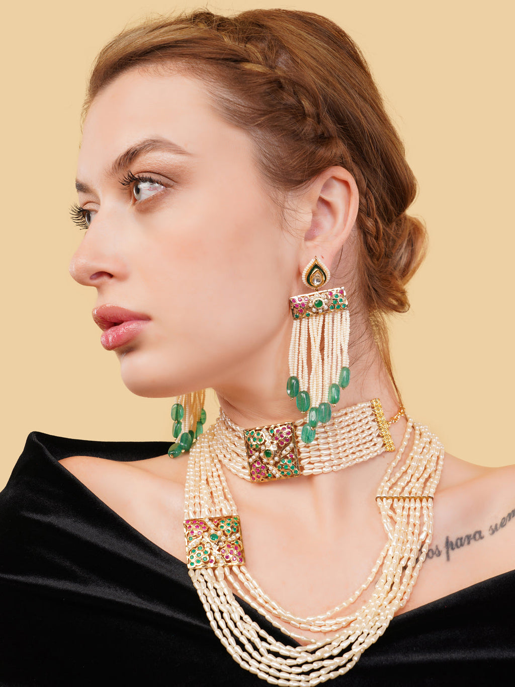 AIVY LUXE green stone choker with earrings featuring multi-layered beads and intricate colorful accents