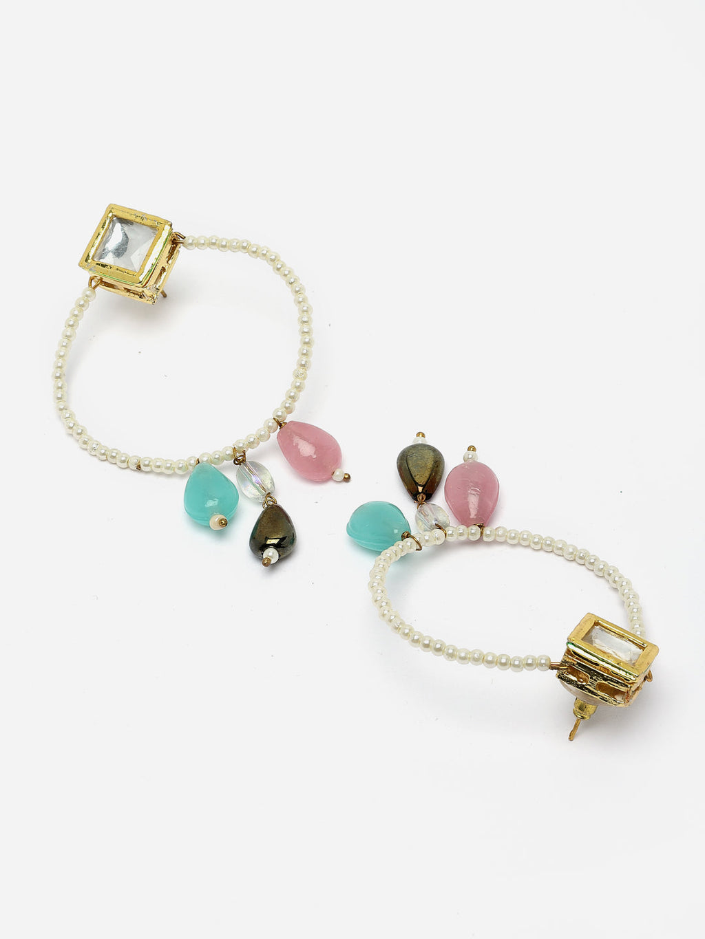 AIVY LUXE designer crescent moon earrings featuring pearl hoops with colorful gemstone charms