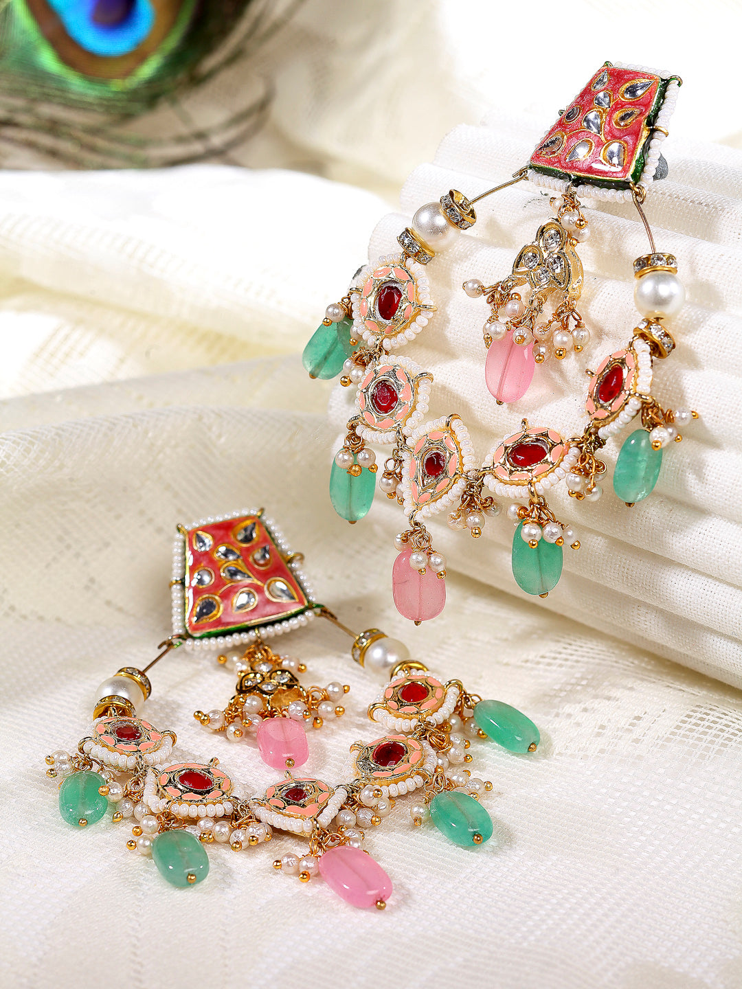 AIVY LUXE designer fusion ChandBali for women earrings with intricate red, green, and pink stones and pearl detailing