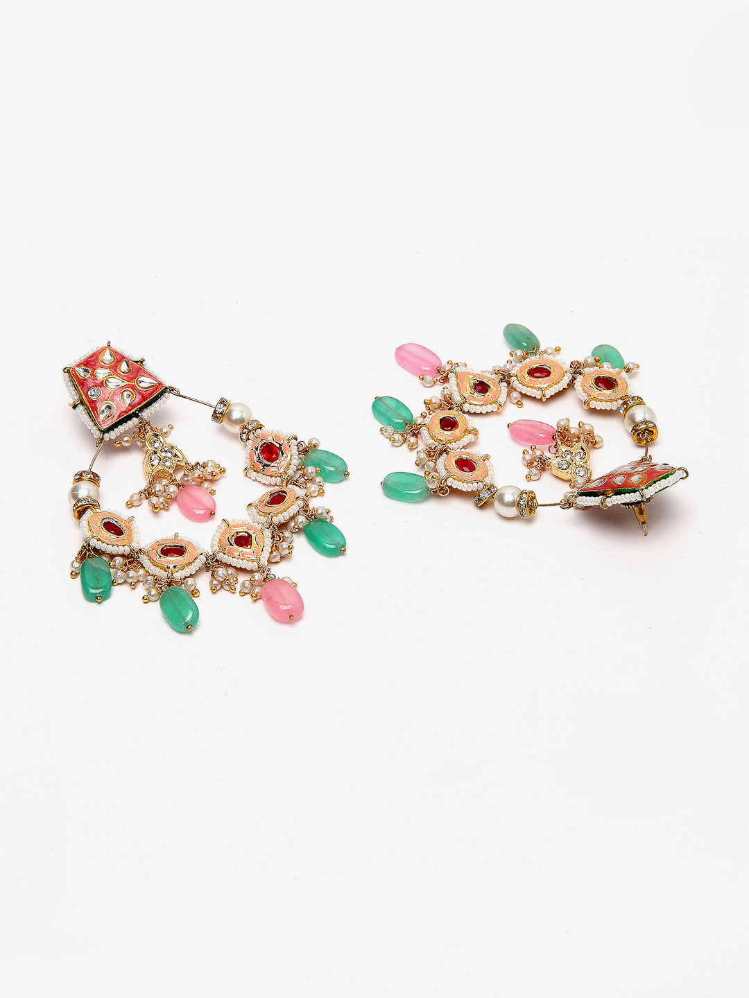AIVY LUXE designer fusion ChandBali for women earrings with pink and green stones and intricate gold detailing