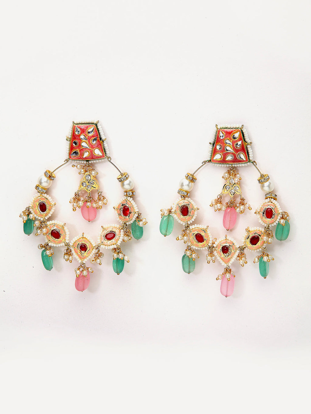 AIVY LUXE colorful chandelier earrings with red, green, and pink stones and intricate gold detailing
