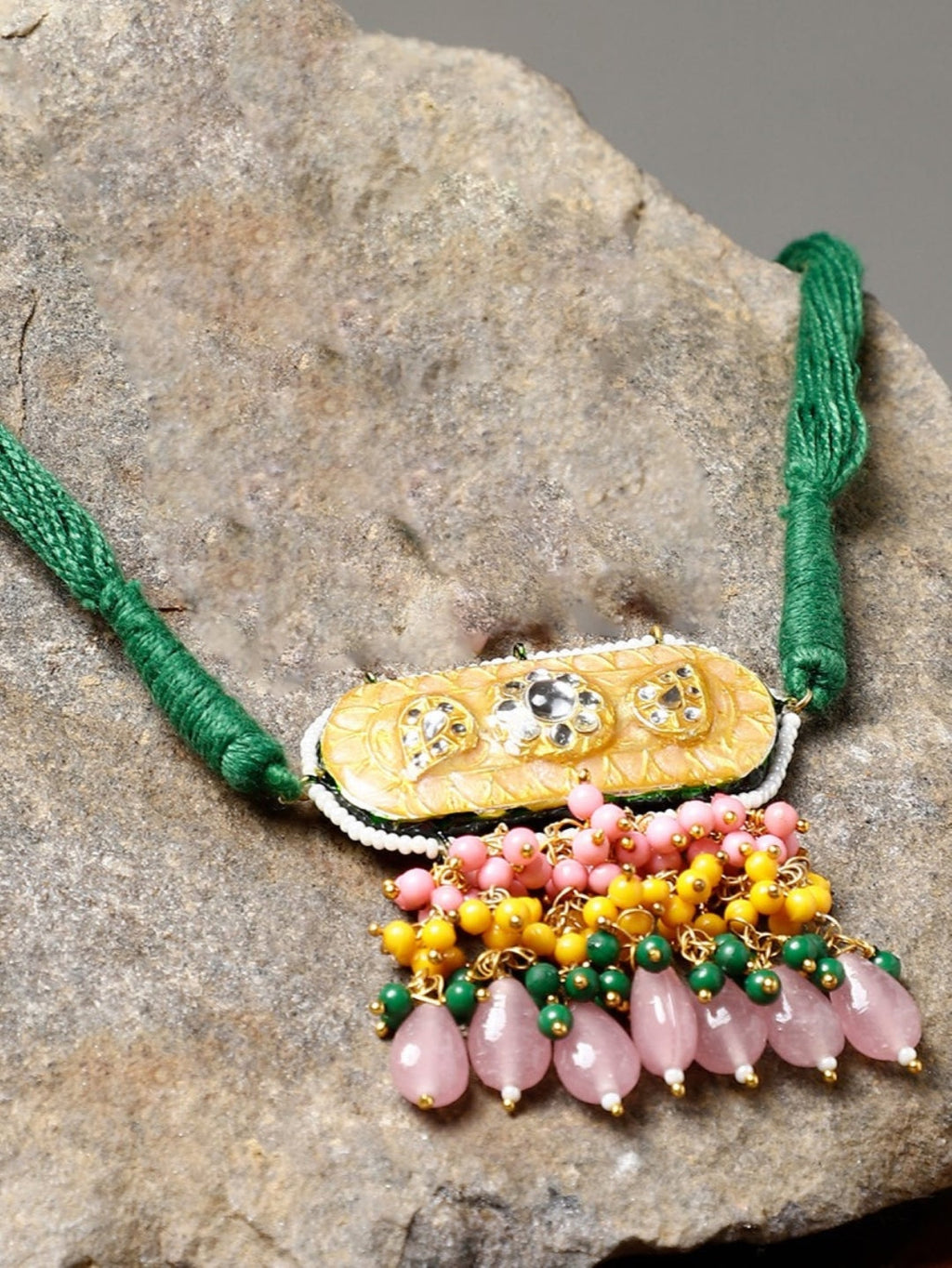 AIVY LUXE designer gemstone choker for women with pink, yellow, and green beads on green thread