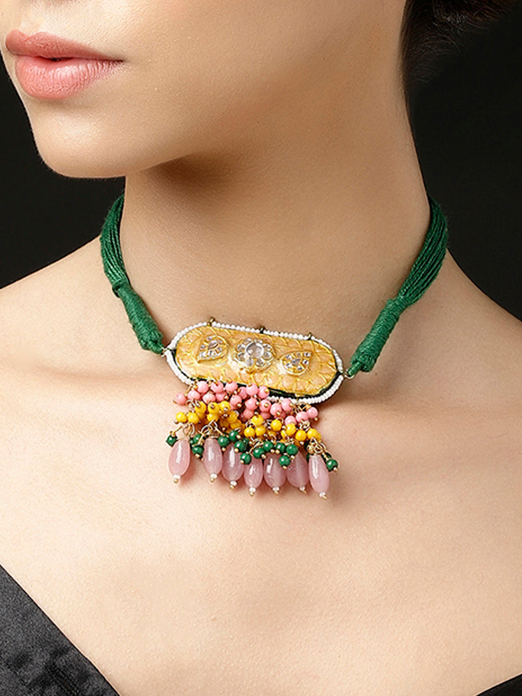 AIVY LUXE designer gemstone choker for women with green cord and multicolor gemstone pendant