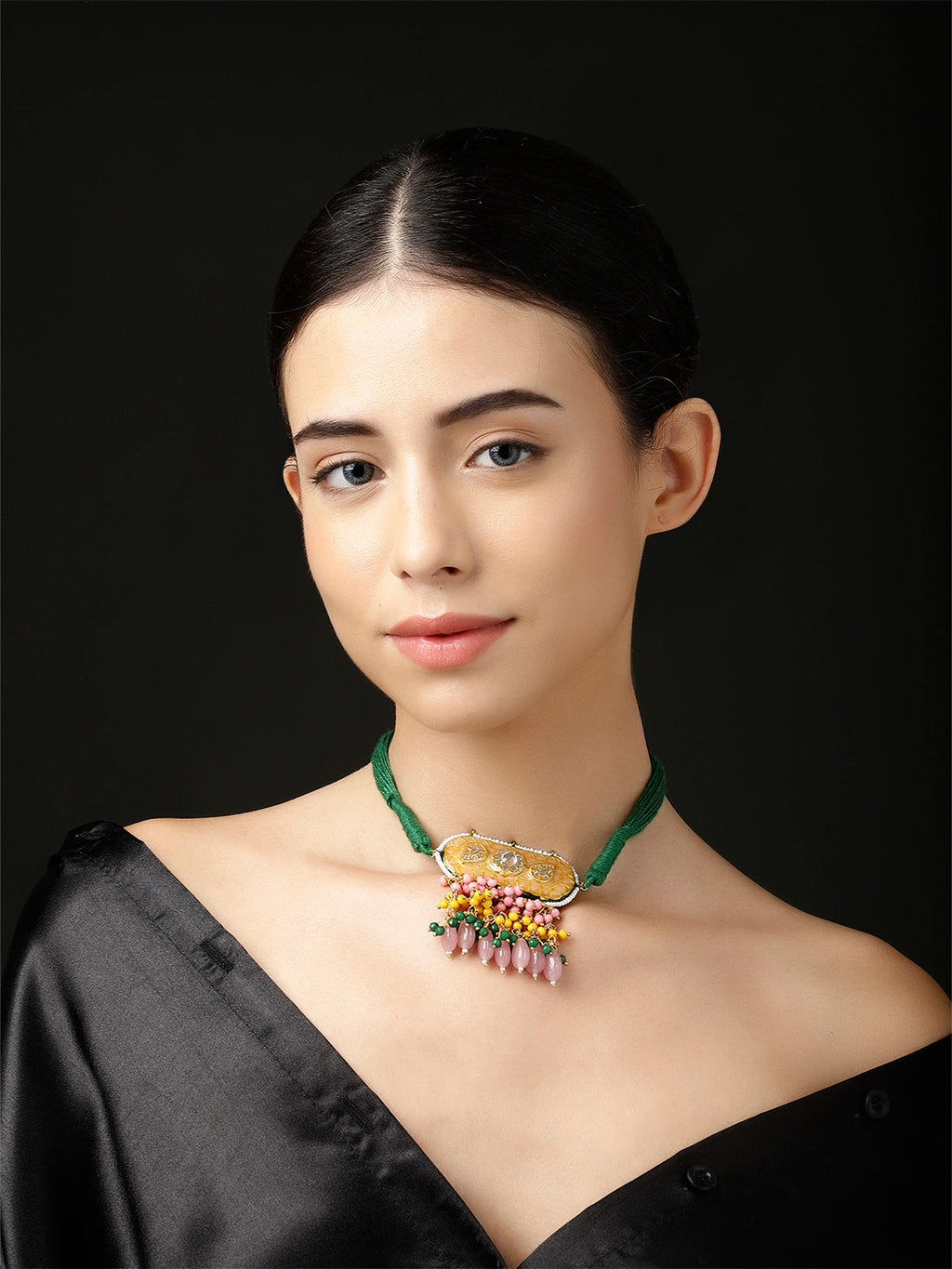 AIVY LUXE designer gemstone choker for women with colorful stones and green cord on model