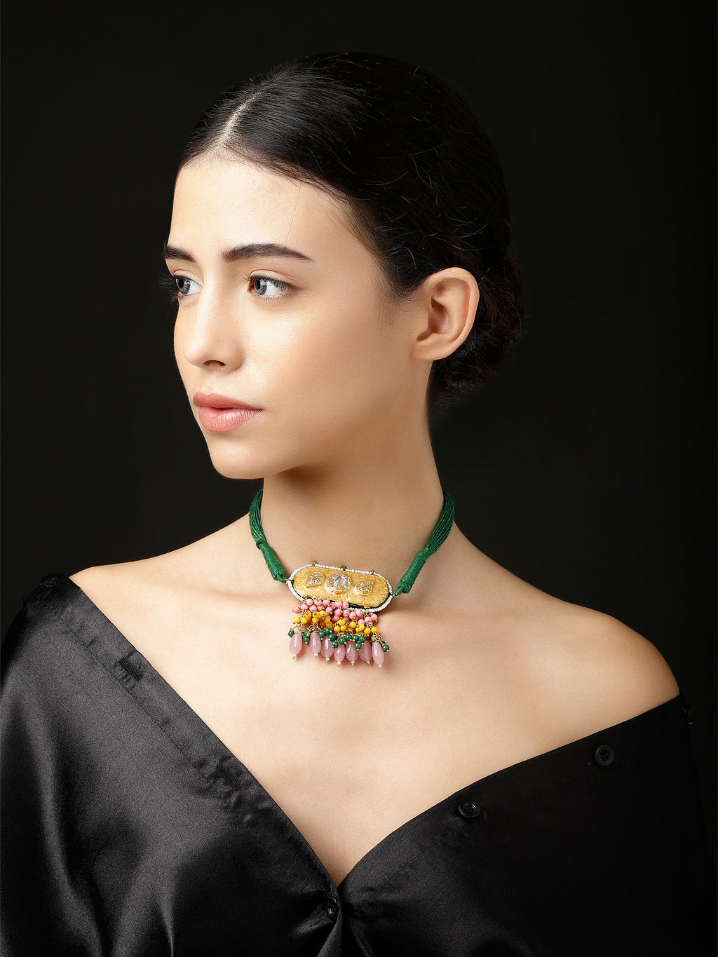 AIVY LUXE designer gemstone choker for women with green strap and multicolor gemstone pendant