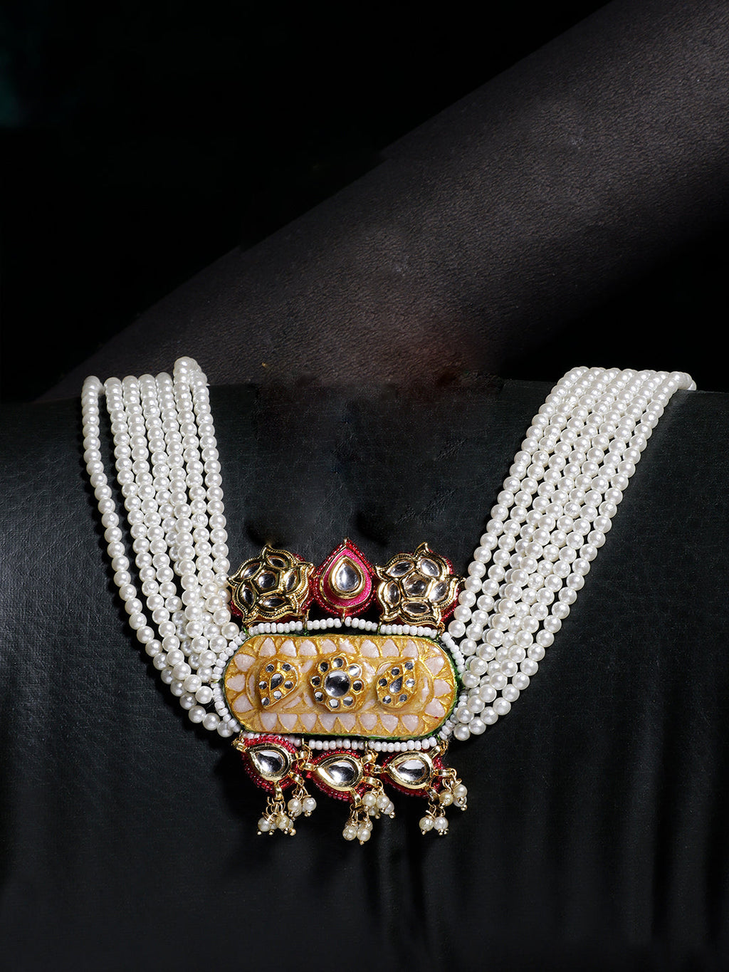 AIVY LUXE designer Indian fusion necklace with layered pearl strands and intricate gold pendant detailing