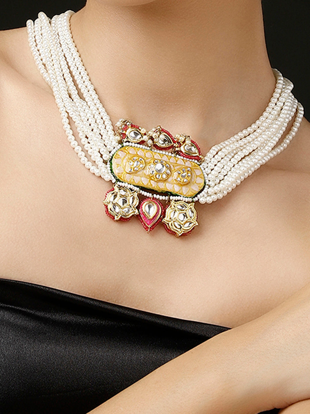 AIVY LUXE designer Indian fusion necklace with layered pearl strands and intricate gold and red pendant