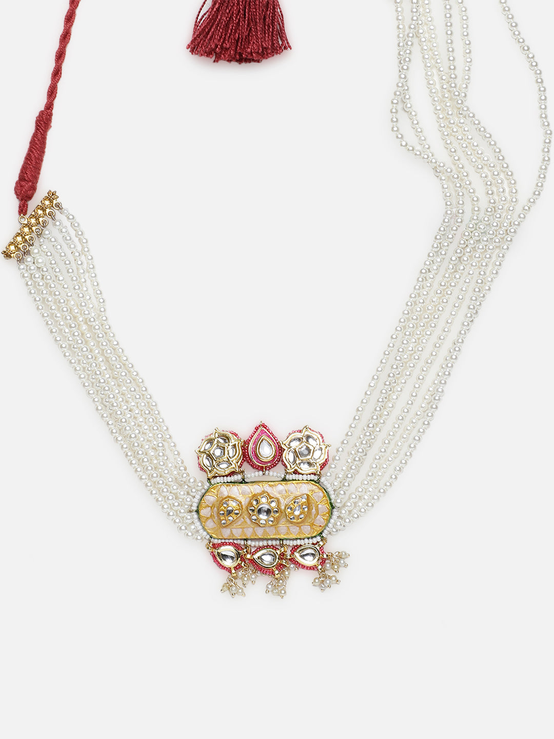 AIVY LUXE designer Indian fusion necklace with multiple pearl strands and intricate gold and red central pendant