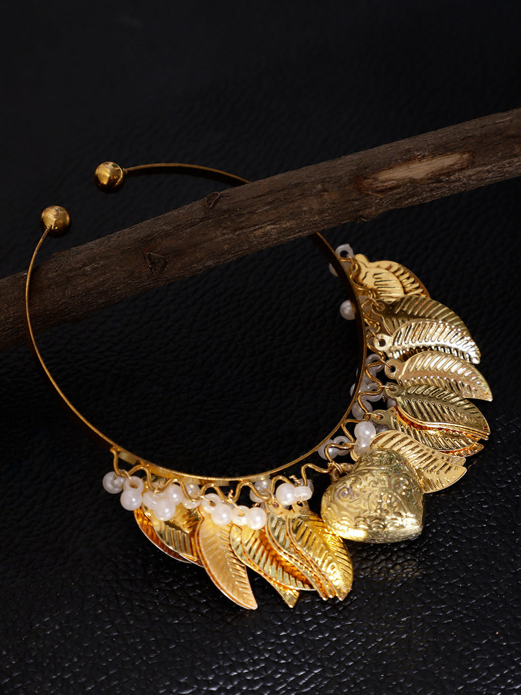 AIVY LUXE designer leaf dangle bracelet with gold-tone leaves and white pearl accents