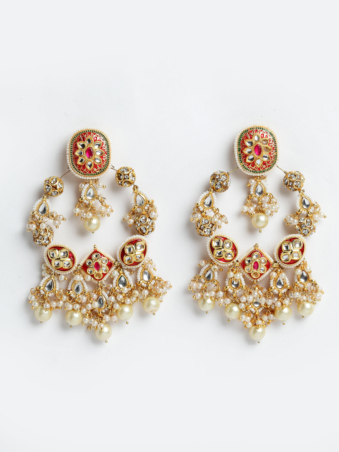 AIVY LUXE designer pearl drop earrings with intricate gold detailing and red accents