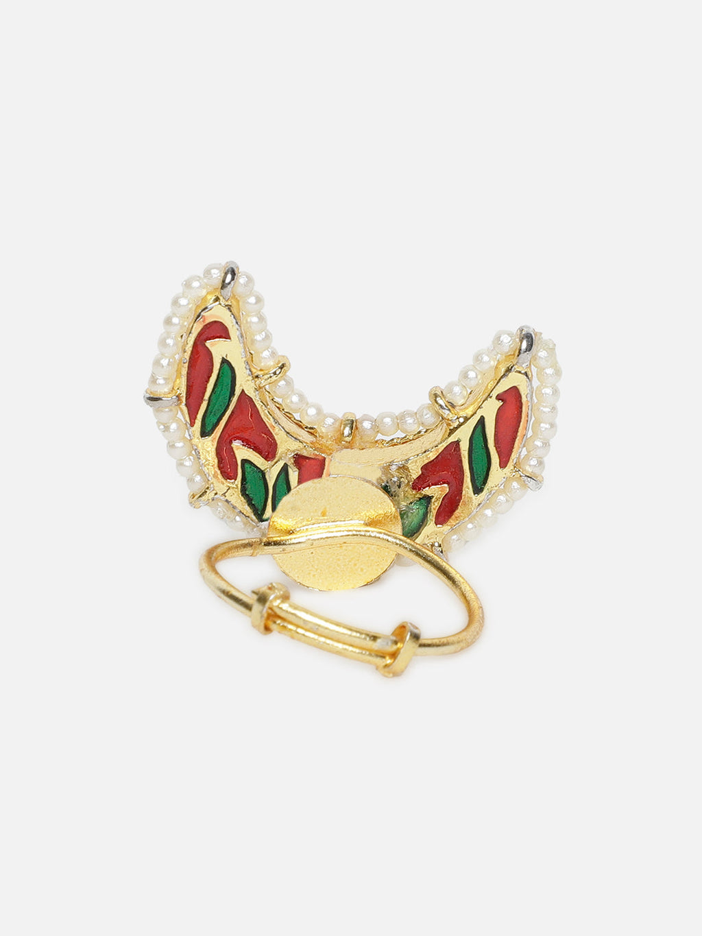 AIVY LUXE designer statement ring for women with gold-tone, red and green enamel, and pearl accents