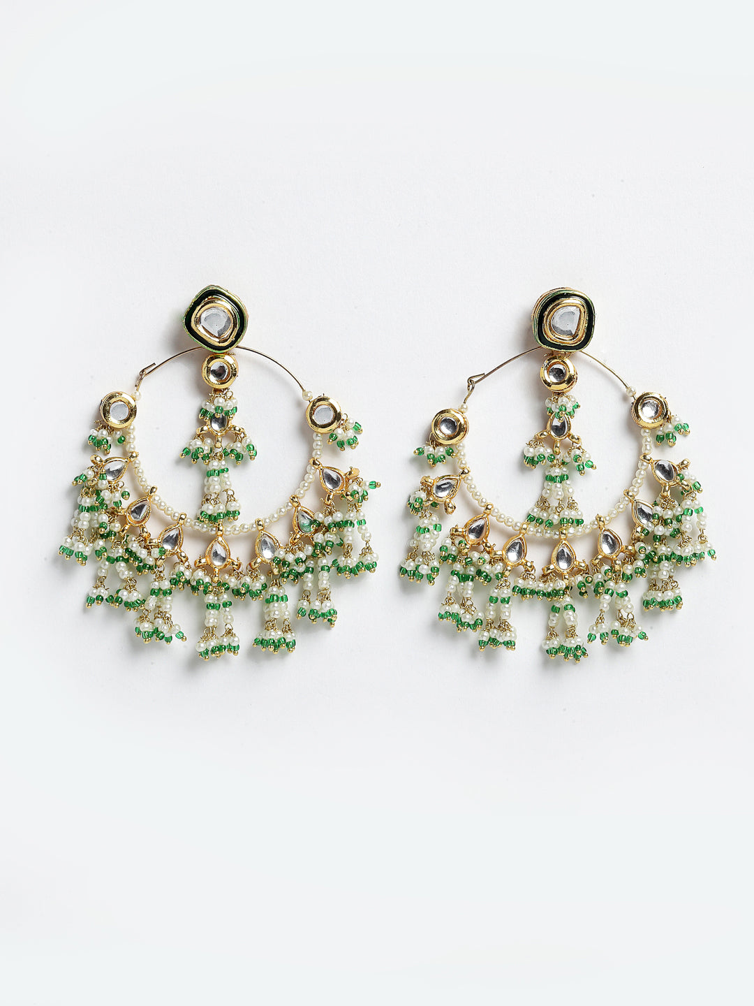 AIVY LUXE traditional Indian dangler earrings with green and white bead detailing and gold-tone finish