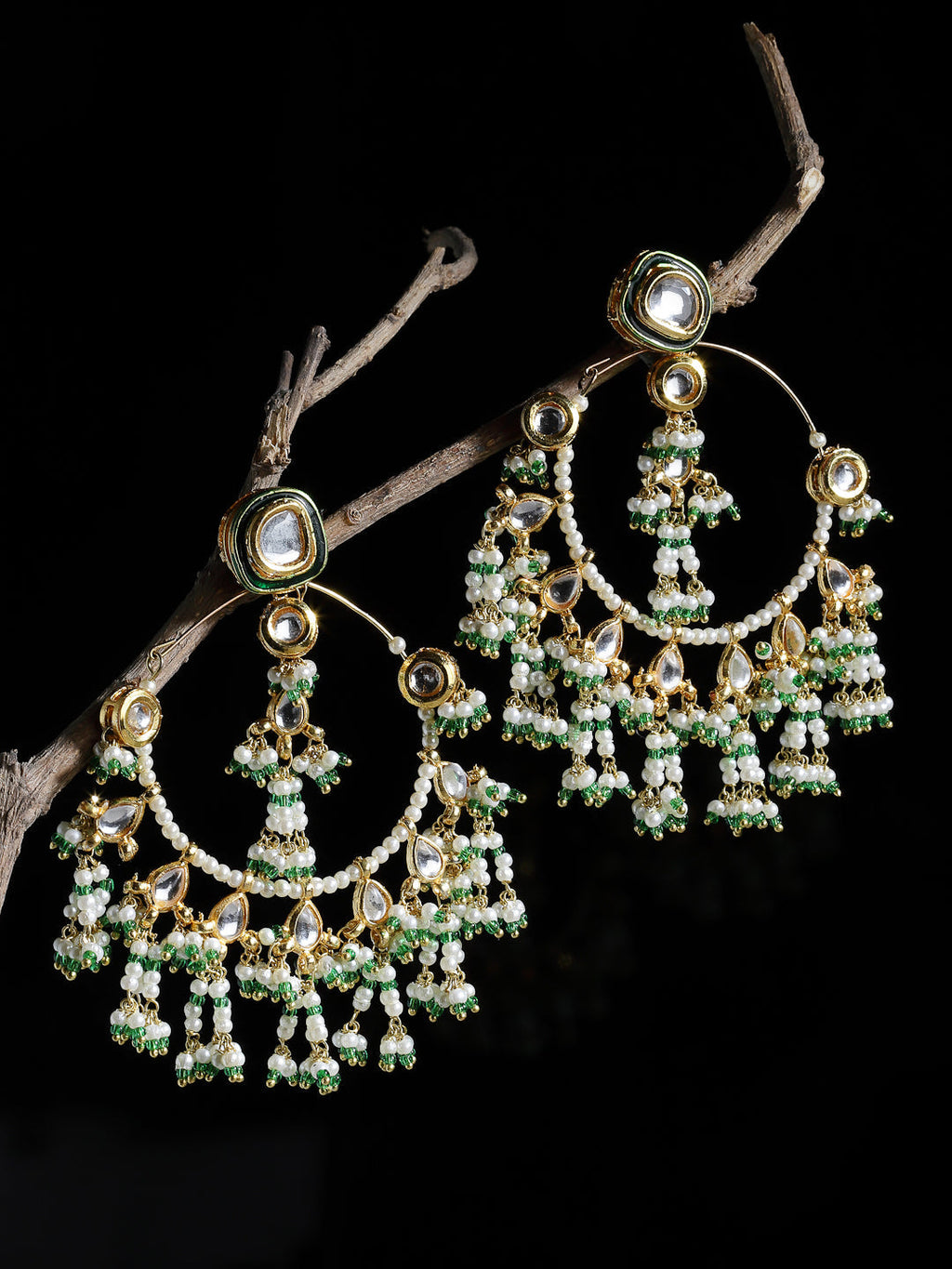 AIVY LUXE traditional Indian dangler earrings with green and white beads and gold-tone detailing